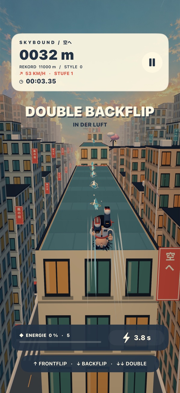 Echte Spielszene: Double Backflip zwischen zwei Hochhäusern