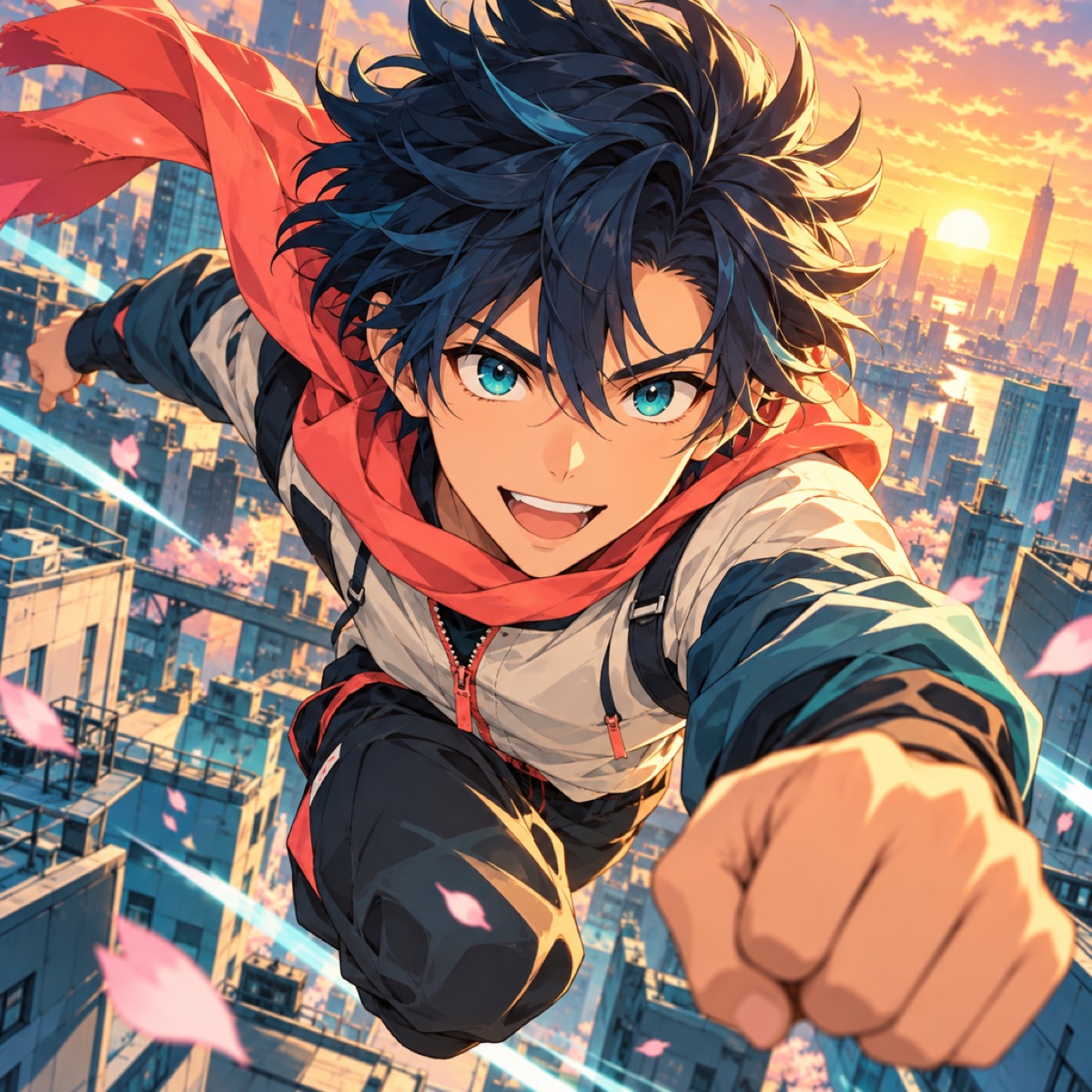 Anime-Artwork des Skybound-Runners mit rotem Schal über einer Skyline